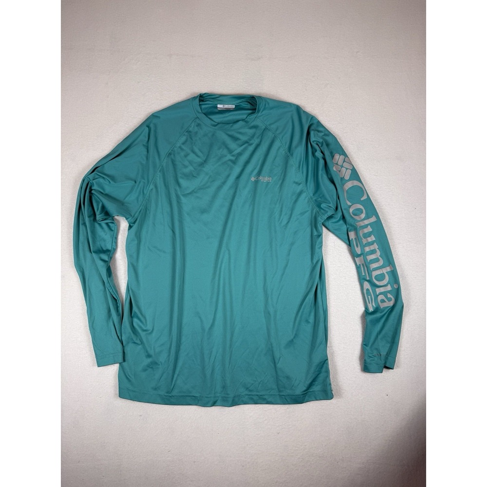 Columbia PFG Long Sleeve Shirt Mens Large Teal Blue Sleeve Logo